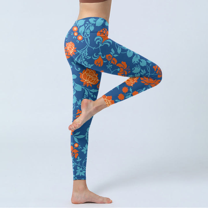 Leggings da palestra con stampa Buddha Stones Steel Blue Red Tulips Flowers Leaves Pantaloni da yoga da donna