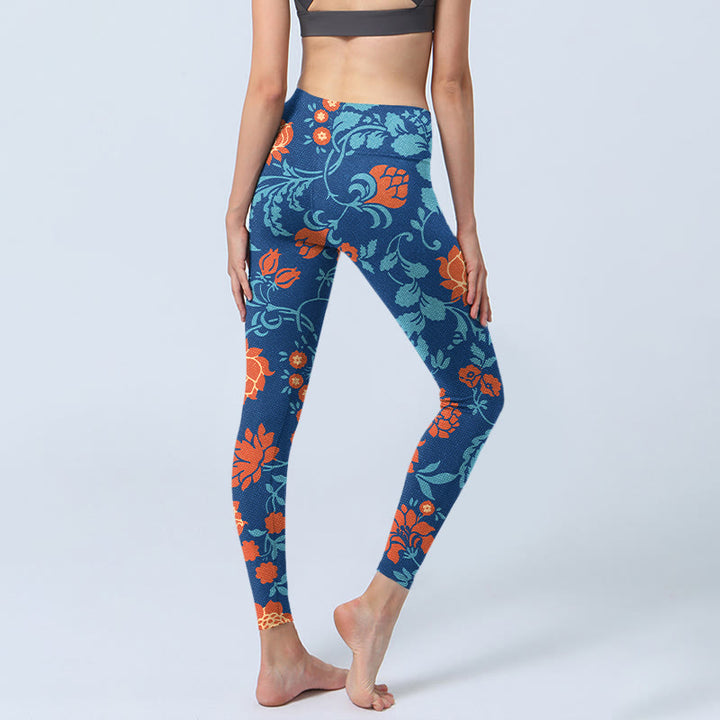 Leggings da palestra con stampa Buddha Stones Steel Blue Red Tulips Flowers Leaves Pantaloni da yoga da donna