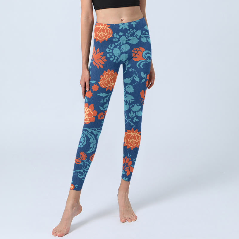 Leggings da palestra con stampa Buddha Stones Steel Blue Red Tulips Flowers Leaves Pantaloni da yoga da donna - image 5