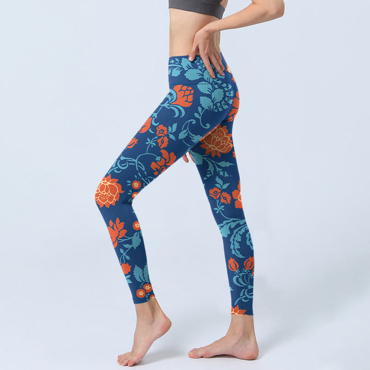 Leggings da palestra con stampa Buddha Stones Steel Blue Red Tulips Flowers Leaves Pantaloni da yoga da donna