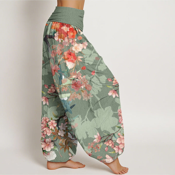 Pantaloni harem da donna con elastico in vita, in cotone, con Buddha Stones, fiori rossi e rosa, rami rigogliosi - image 1