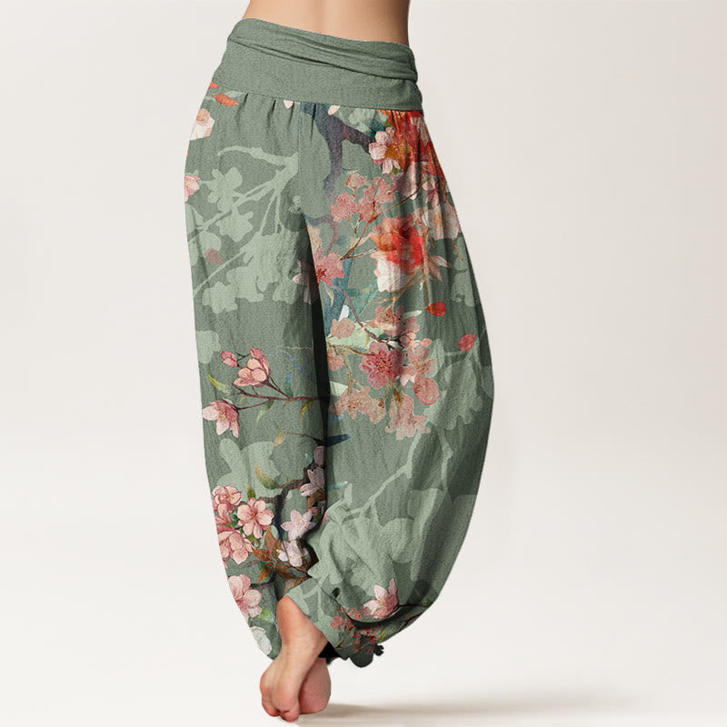 Pantaloni harem da donna con elastico in vita, in cotone, con Buddha Stones, fiori rossi e rosa, rami rigogliosi - image 2
