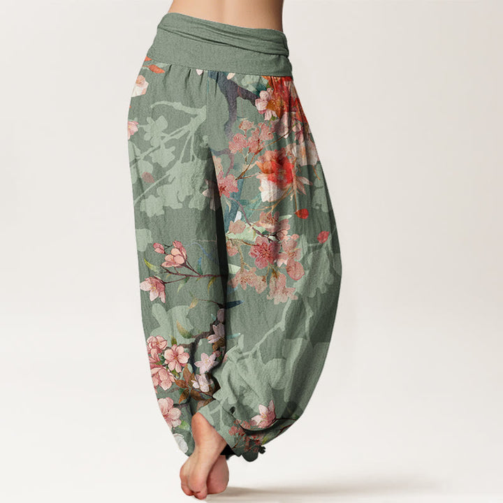 Pantaloni harem da donna con elastico in vita, in cotone, con Buddha Stones, fiori rossi e rosa, rami rigogliosi - image 2