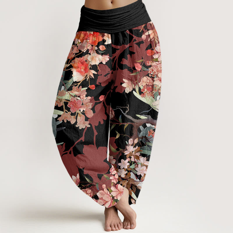 Pantaloni harem da donna con elastico in vita, in cotone, con Buddha Stones, fiori rossi e rosa, rami rigogliosi - Nero - US22, UK/AU26, EU54 (6XL) - image 4