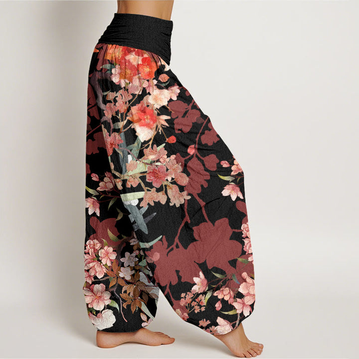 Pantaloni harem da donna con elastico in vita, in cotone, con Buddha Stones, fiori rossi e rosa, rami rigogliosi - image 5