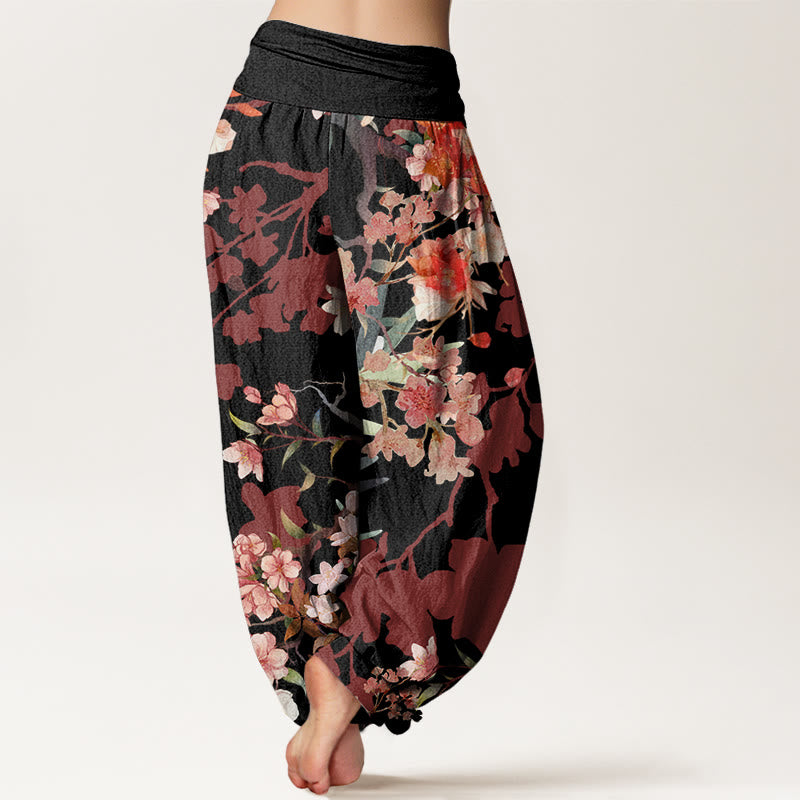 Pantaloni harem da donna con elastico in vita, in cotone, con Buddha Stones, fiori rossi e rosa, rami rigogliosi - image 6