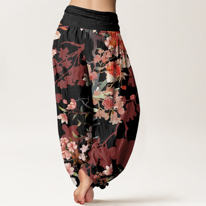 Pantaloni harem da donna con elastico in vita, in cotone, con Buddha Stones, fiori rossi e rosa, rami rigogliosi - image 6
