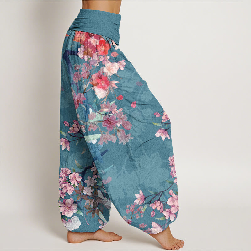 Pantaloni harem da donna con elastico in vita, in cotone, con Buddha Stones, fiori rossi e rosa, rami rigogliosi - image 8