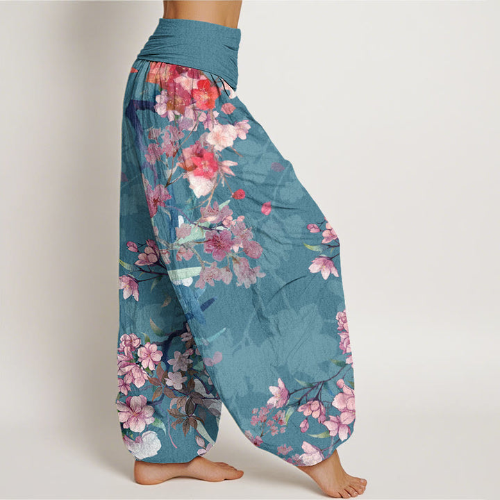 Pantaloni harem da donna con elastico in vita, in cotone, con Buddha Stones, fiori rossi e rosa, rami rigogliosi - image 8