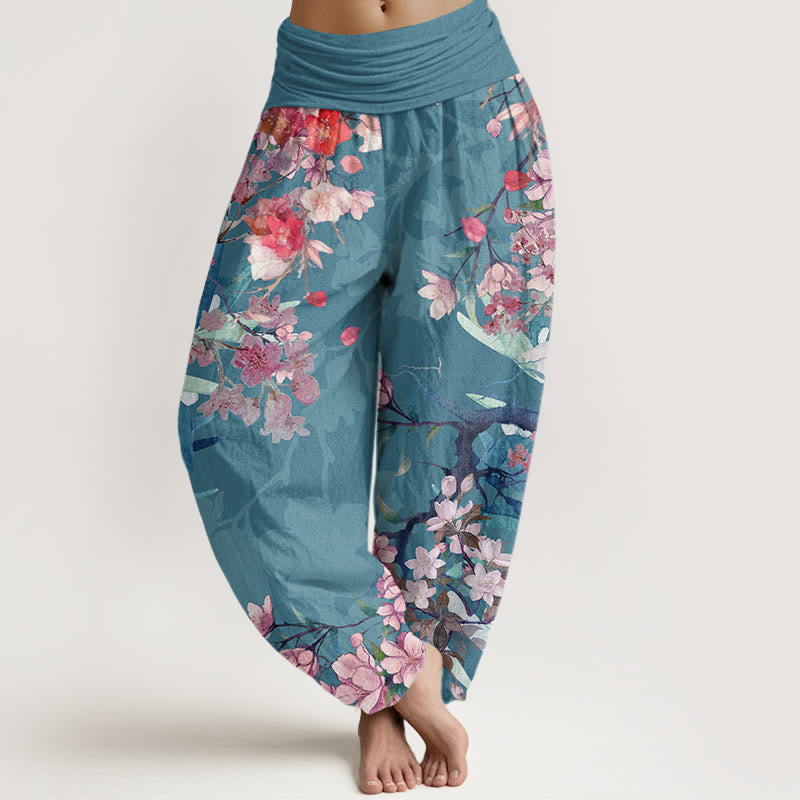 Pantaloni harem elastici in vita da donna Buddha Stones rossi e rosa che sbocciano, rami rigogliosi - Ciano scuro - US22, UK/AU26, EU54 (6XL) - image 7