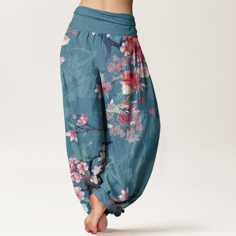 Pantaloni harem da donna con elastico in vita, in cotone, con Buddha Stones, fiori rossi e rosa, rami rigogliosi - image 9