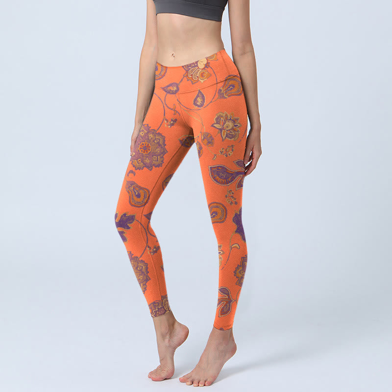 Leggings da palestra con stampa di fiori e foglie di acero arancioni Buddha Stones, pantaloni da yoga da donna - Corallo - US18, UK/AU22, EU50 (4XL) - image 1