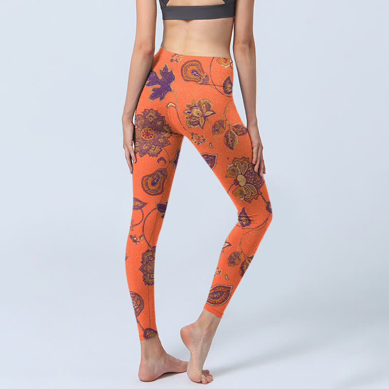 Leggings da palestra con stampa di fiori e foglie di acero arancioni Buddha Stones, pantaloni da yoga da donna - image 4