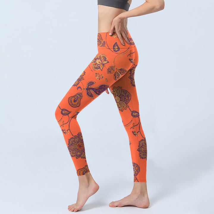 Leggings da palestra con stampa di fiori e foglie di acero arancioni Buddha Stones, pantaloni da yoga da donna