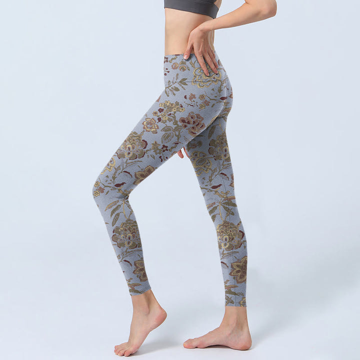 Leggings da palestra con stampa di fiori e foglie verdi grigie Buddha Stones Pantaloni da yoga da donna