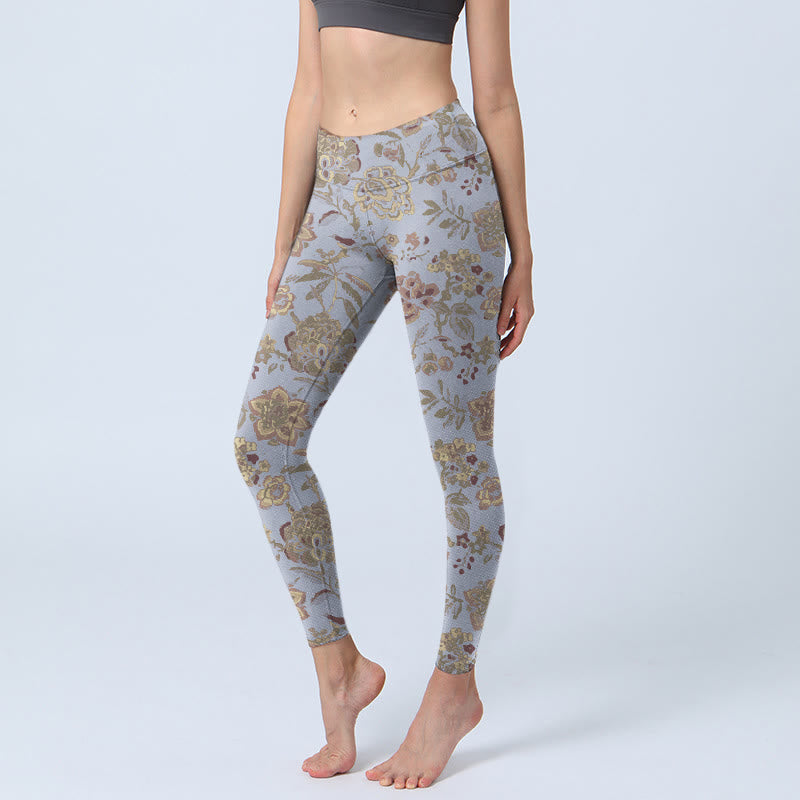 Leggings da palestra con stampa di fiori e foglie verdi grigie Buddha Stones Pantaloni da yoga da donna - BluAcciaioChiaro - US18, UK/AU22, EU50 (4XL) - image 1