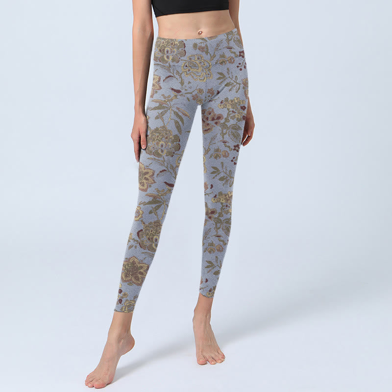 Leggings da palestra con stampa di fiori e foglie verdi grigie Buddha Stones Pantaloni da yoga da donna