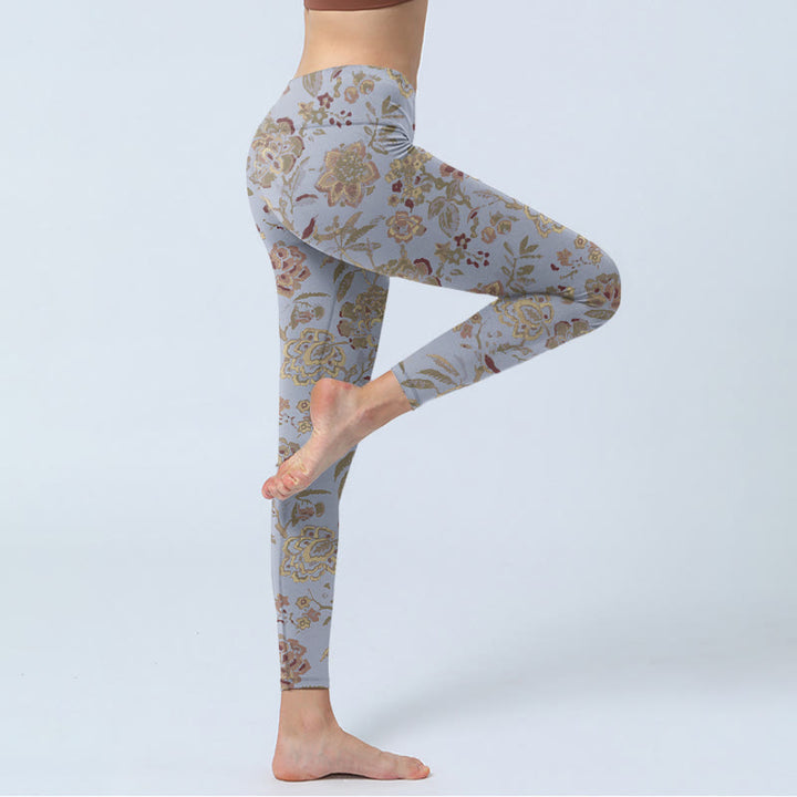 Leggings da palestra con stampa di fiori e foglie verdi grigie Buddha Stones Pantaloni da yoga da donna
