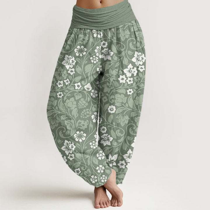 Pantaloni harem elastici in vita da donna Buddha Stones, piccoli fiori e rami intrecciati - DarkSeaGreen - US22, UK/AU26, EU54 (6XL) - image 1