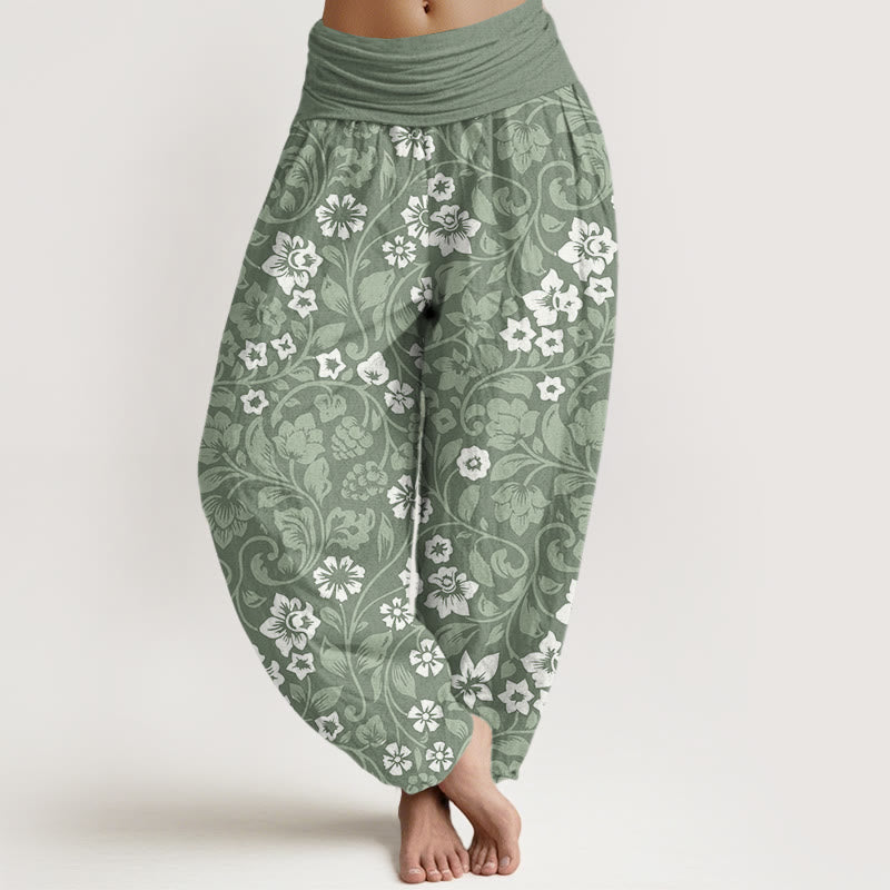 Pantaloni harem elastici in vita da donna Buddha Stones, piccoli fiori e rami intrecciati - DarkSeaGreen - US22, UK/AU26, EU54 (6XL) - image 0
