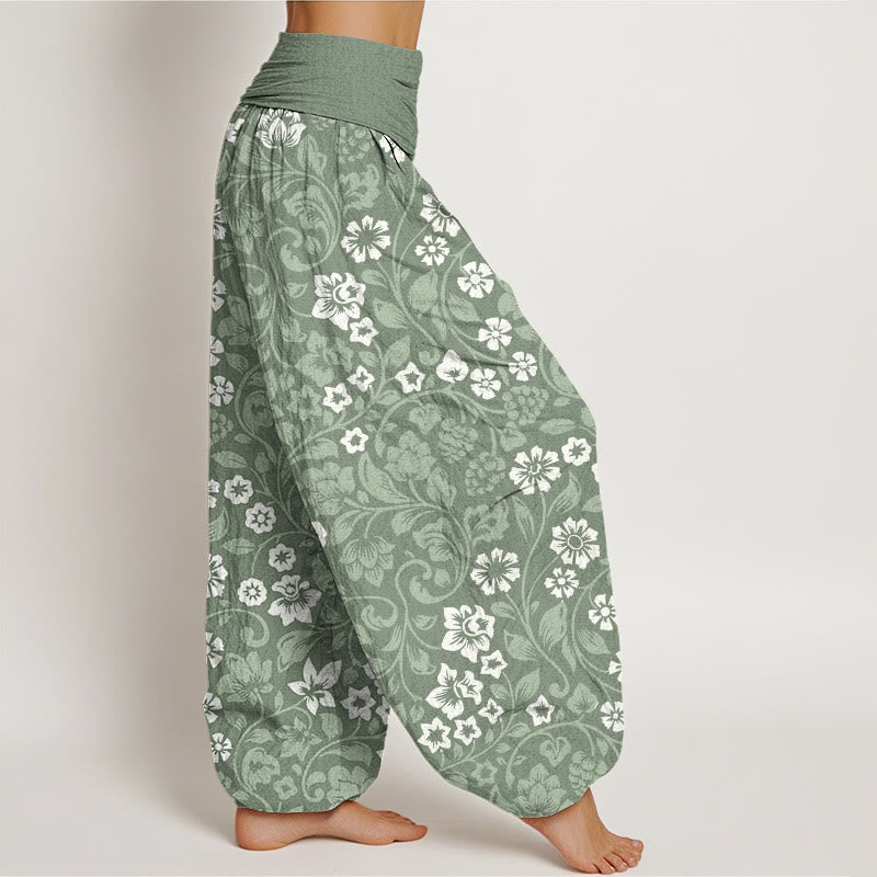 Pantaloni harem elastici in vita da donna Buddha Stones, piccoli fiori e rami intrecciati - image 1