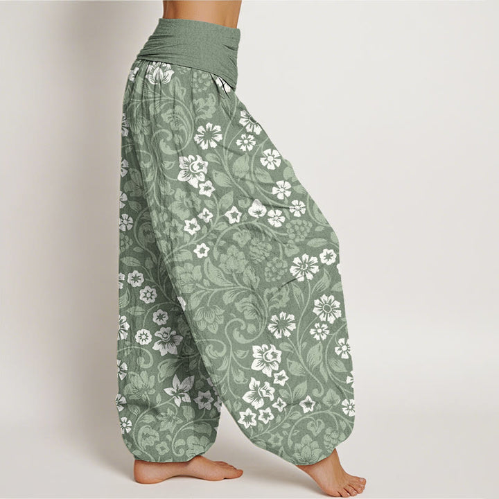 Pantaloni harem elastici in vita da donna Buddha Stones, piccoli fiori e rami intrecciati - image 1