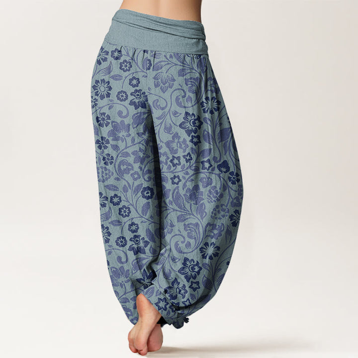 Pantaloni harem da donna con elastico in vita, in cotone, con piccoli fiori e rami intrecciati, motivo Buddha Stones - image 9
