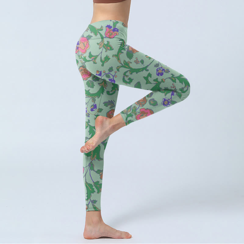 Leggings da palestra con stampa Buddha Stones Green Red Roses Green Leaves Pantaloni da yoga da donna