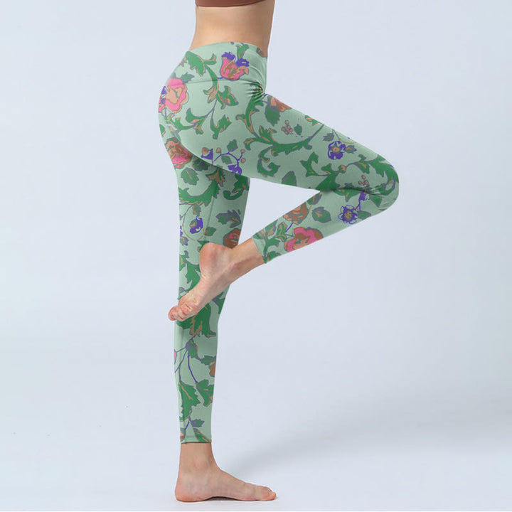 Leggings da palestra con stampa Buddha Stones Green Red Roses Green Leaves Pantaloni da yoga da donna