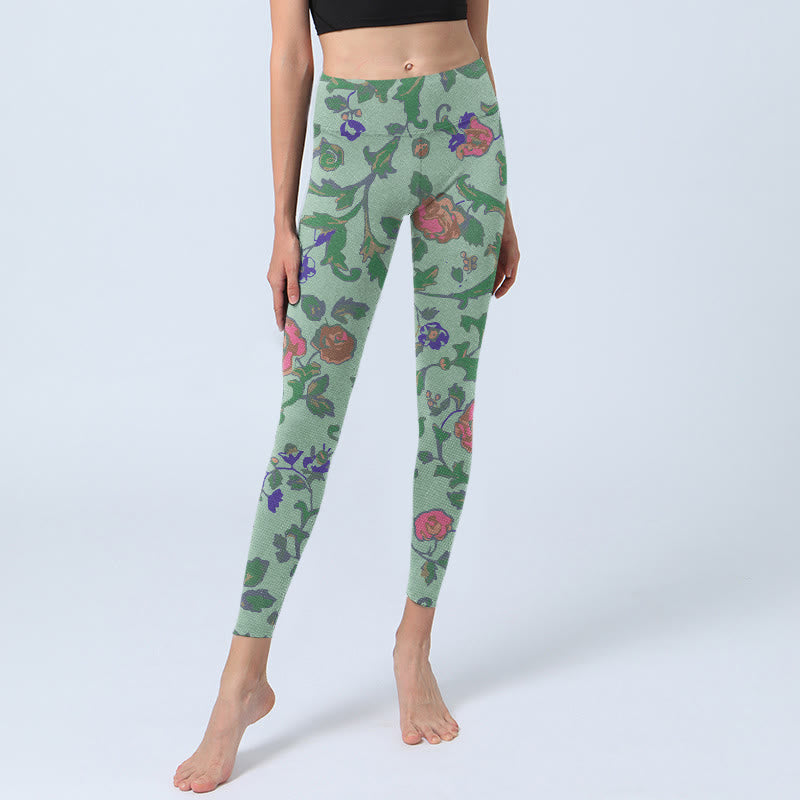 Leggings da palestra con stampa Buddha Stones Green Red Roses Green Leaves Pantaloni da yoga da donna