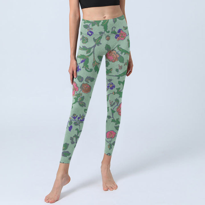 Leggings da palestra con stampa Buddha Stones Green Red Roses Green Leaves Pantaloni da yoga da donna