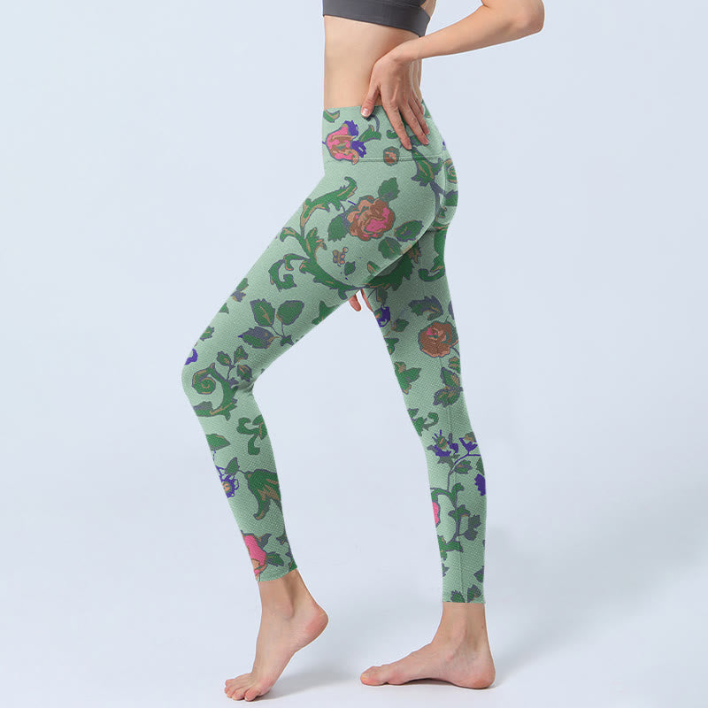 Leggings da palestra con stampa Buddha Stones Green Red Roses Green Leaves Pantaloni da yoga da donna