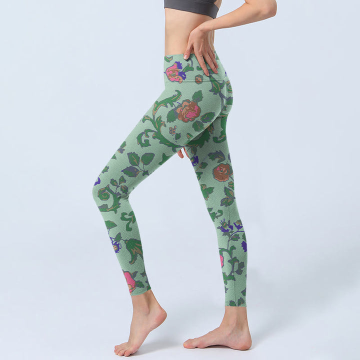Leggings da palestra con stampa Buddha Stones Green Red Roses Green Leaves Pantaloni da yoga da donna