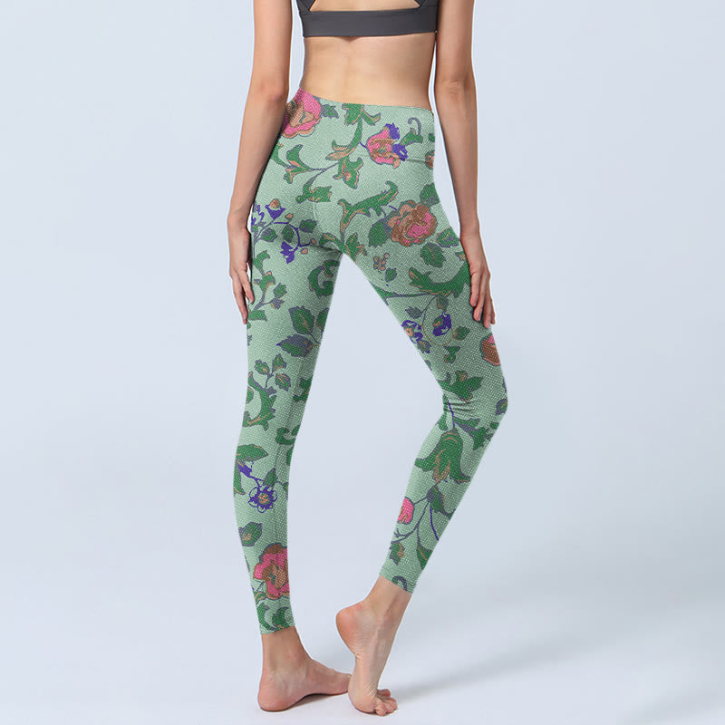 Leggings da palestra con stampa Buddha Stones Green Red Roses Green Leaves Pantaloni da yoga da donna