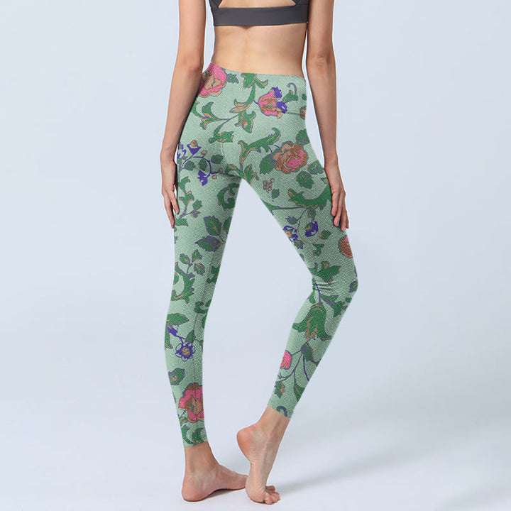 Leggings da palestra con stampa Buddha Stones Green Red Roses Green Leaves Pantaloni da yoga da donna