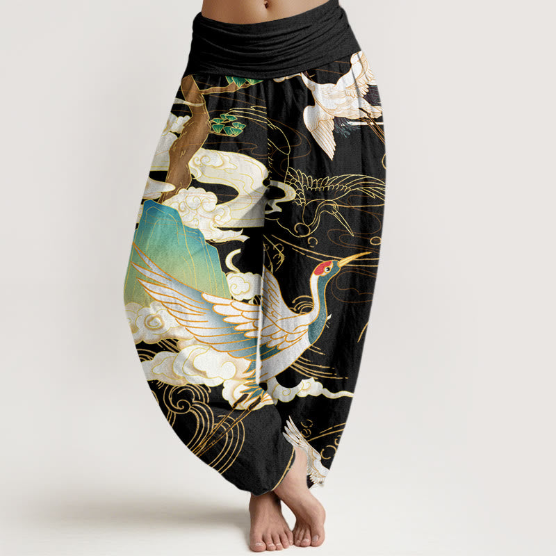 Pantaloni harem da donna con elastico in vita, in cotone, con gru volanti, nuvole di buon auspicio Buddha Stones - Nero - US22, UK/AU26, EU54 (6XL) - image 0