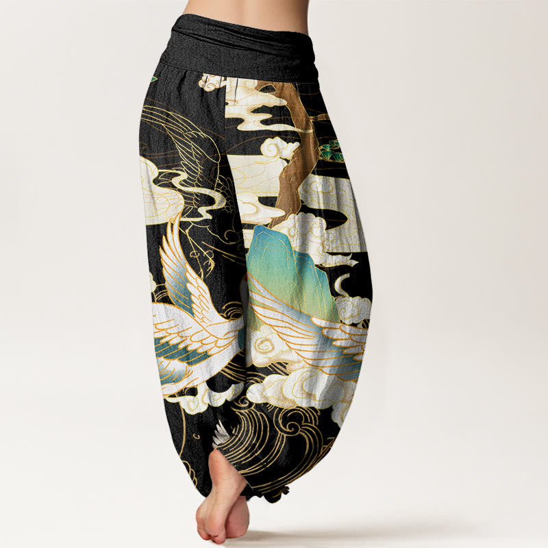 Pantaloni harem da donna con elastico in vita, in cotone, con gru volanti, nuvole di buon auspicio Buddha Stones - image 2