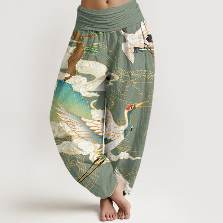 Pantaloni harem da donna con elastico in vita, in cotone, con gru volanti, nuvole di buon auspicio Buddha Stones - Verde Mare Scuro - US22, UK/AU26, EU54 (6XL) - image 4