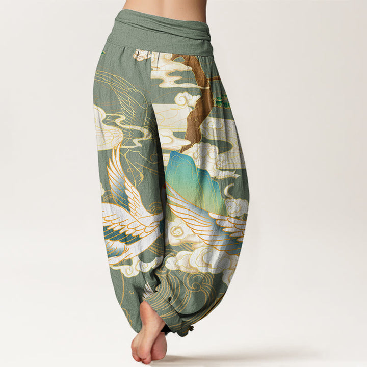 Pantaloni harem elastici in vita da donna Buddha Stones, gru volanti, nuvole di buon auspicio, albero - image 7