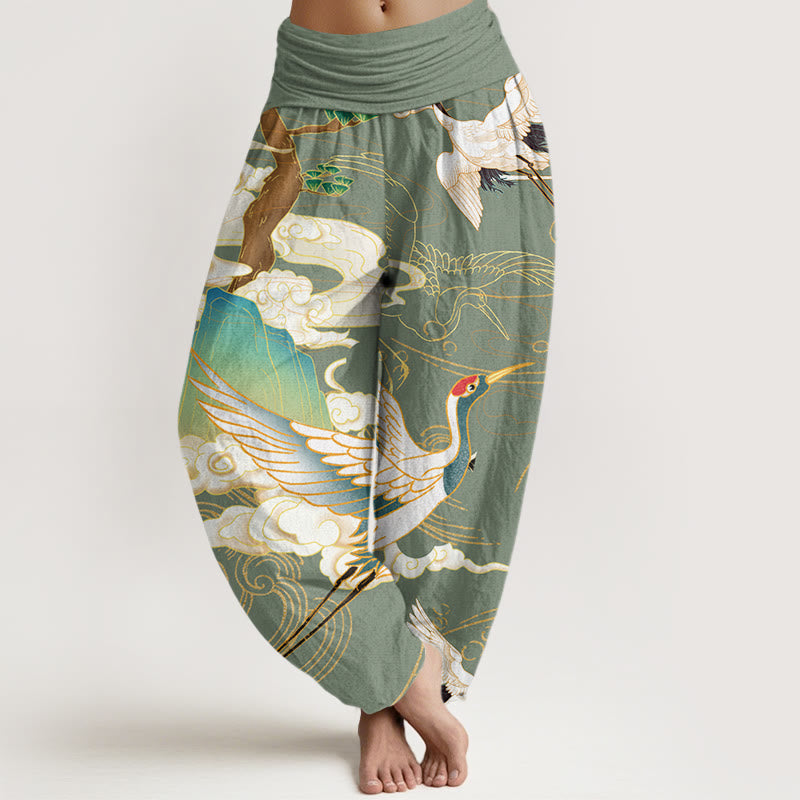 Pantaloni harem da donna con elastico in vita, in cotone, con gru volanti, nuvole di buon auspicio Buddha Stones - DarkSeaGreen - US22, UK/AU26, EU54 (6XL) - image 4