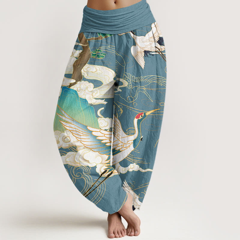 Pantaloni harem da donna con elastico in vita, in cotone, con gru volanti, nuvole di buon auspicio Buddha Stones - CadetBlue - US22, UK/AU26, EU54 (6XL) - image 7