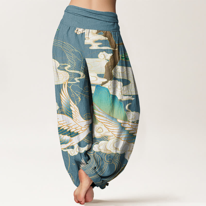 Pantaloni harem da donna con elastico in vita, in cotone, con gru volanti, nuvole di buon auspicio Buddha Stones - image 9