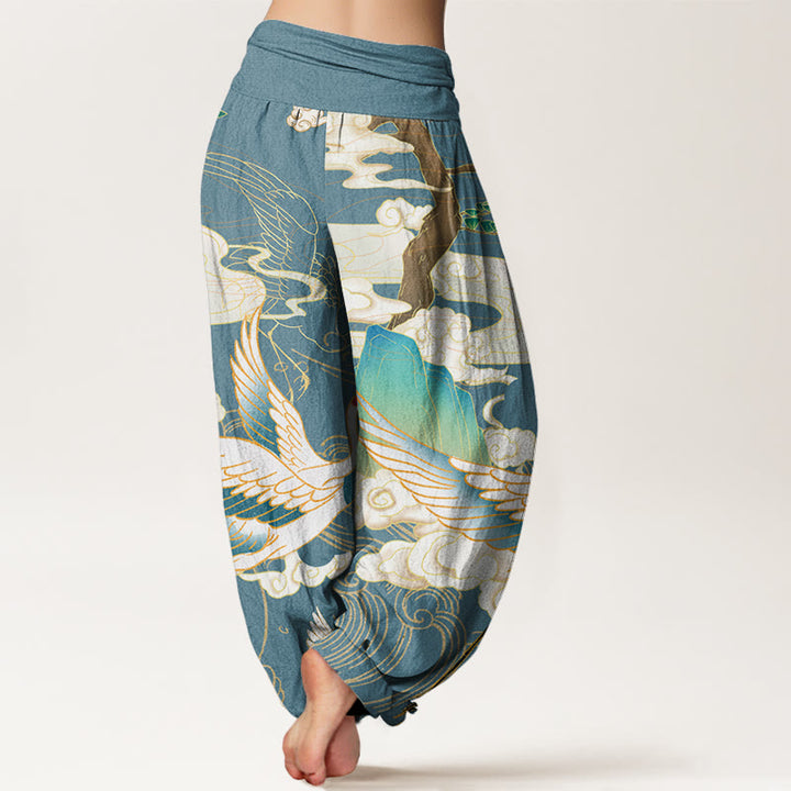 Pantaloni harem da donna con elastico in vita, in cotone, con gru volanti, nuvole di buon auspicio Buddha Stones - image 9