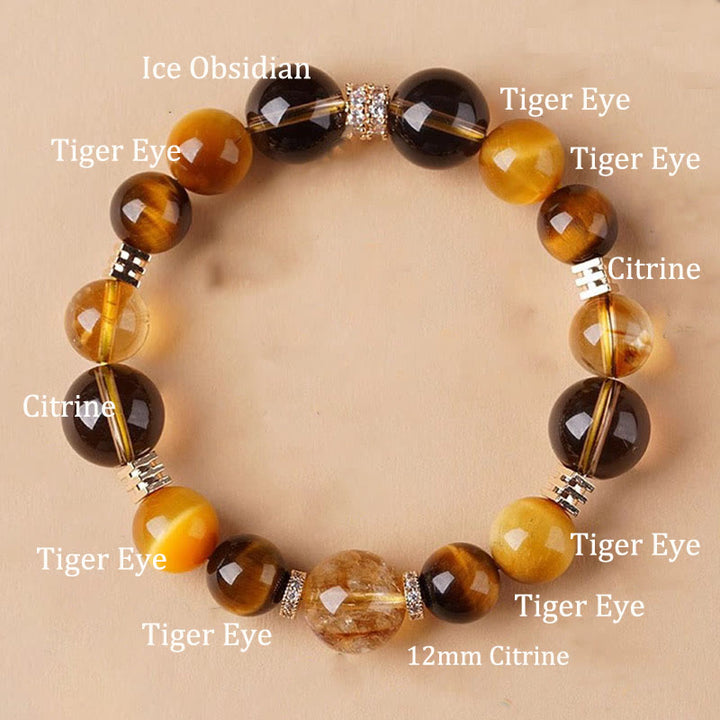 Braccialetto della felicità con occhio di tigre, citrino e topazio Buddha Stones