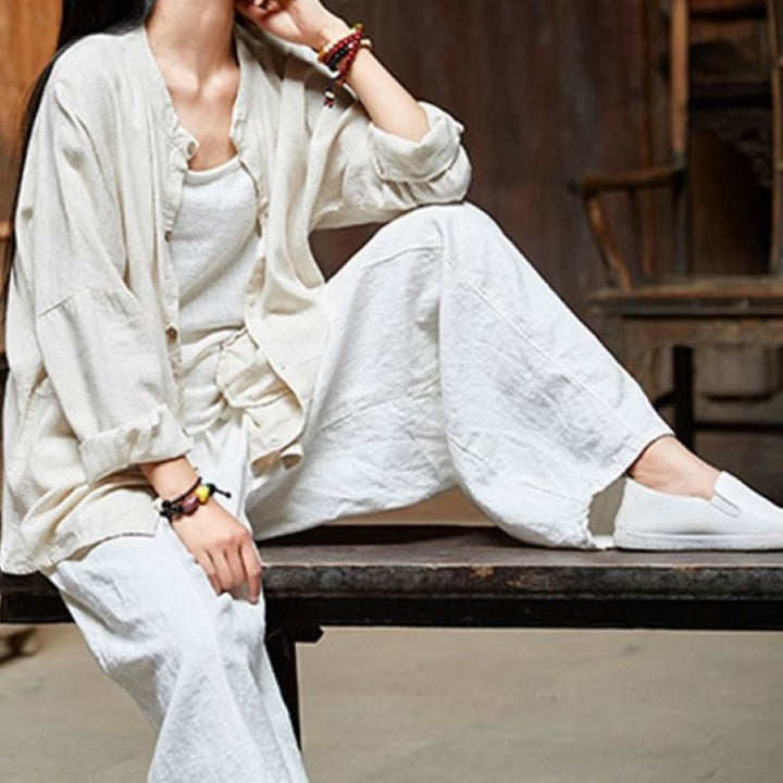 Pantaloni da donna in cotone ramiè con Buddha Stones, casual, tinta unita, con elastico in vita e fodera in pile - image 24