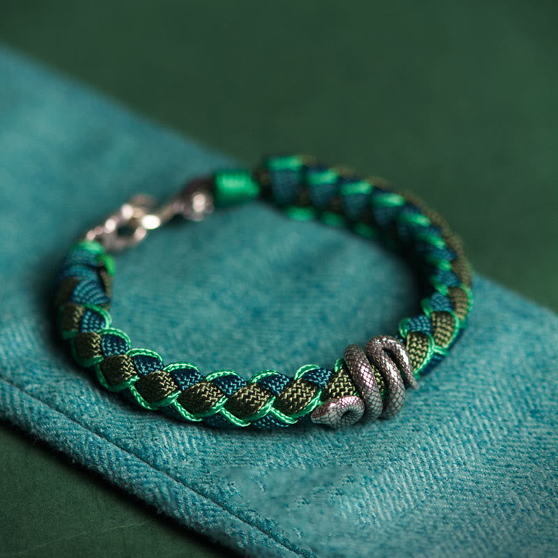 Braccialetto intrecciato con protezione in corda in argento sterling 999 Buddha Stones Year of the Snake - Corda verde e nera - 21 cm - image 0