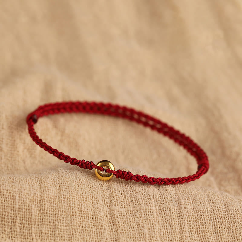 Buddha Stones 999 Oro Piccola Fibbia della Pace Corda Rossa Protezione Fortuna Braccialetto Intrecciato Cavigliera - Bracciale in oro 999 (circonferenza polso 14-18 cm) - image 0