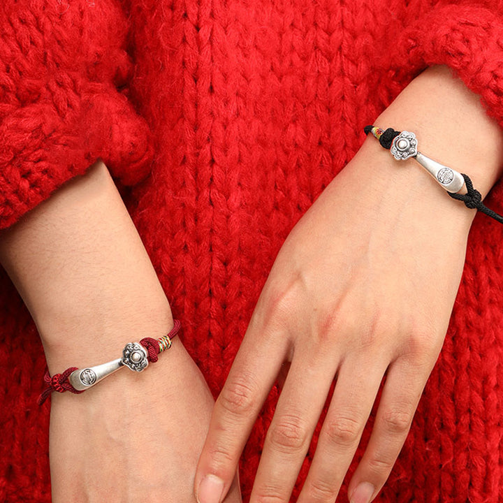 Braccialetto intrecciato con protezione in corda con bastoncino Ruyi in argento sterling 999 Buddha Stones