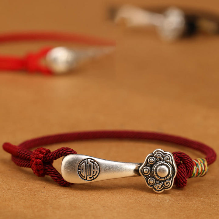 Braccialetto intrecciato con protezione in corda con bastoncino Ruyi in argento sterling 999 Buddha Stones