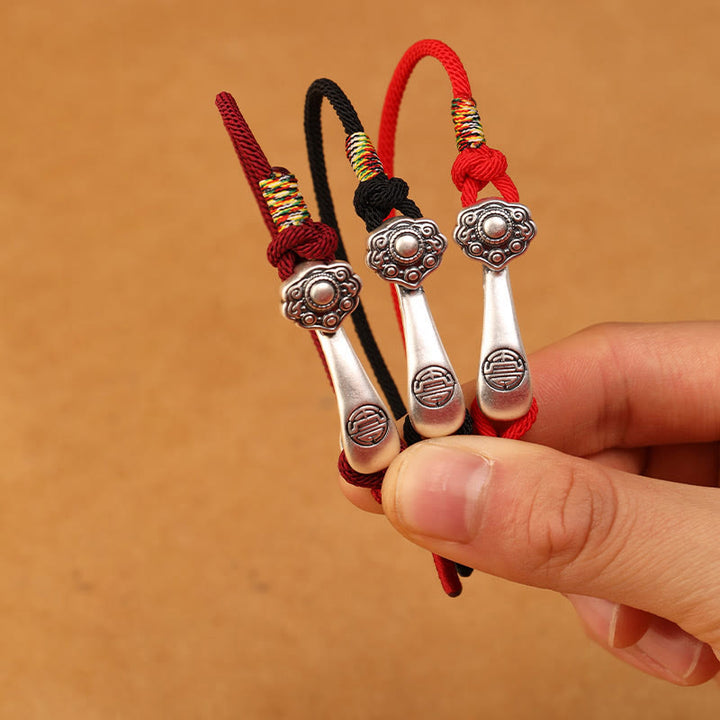 Braccialetto intrecciato con protezione in corda con bastoncino Ruyi in argento sterling 999 Buddha Stones